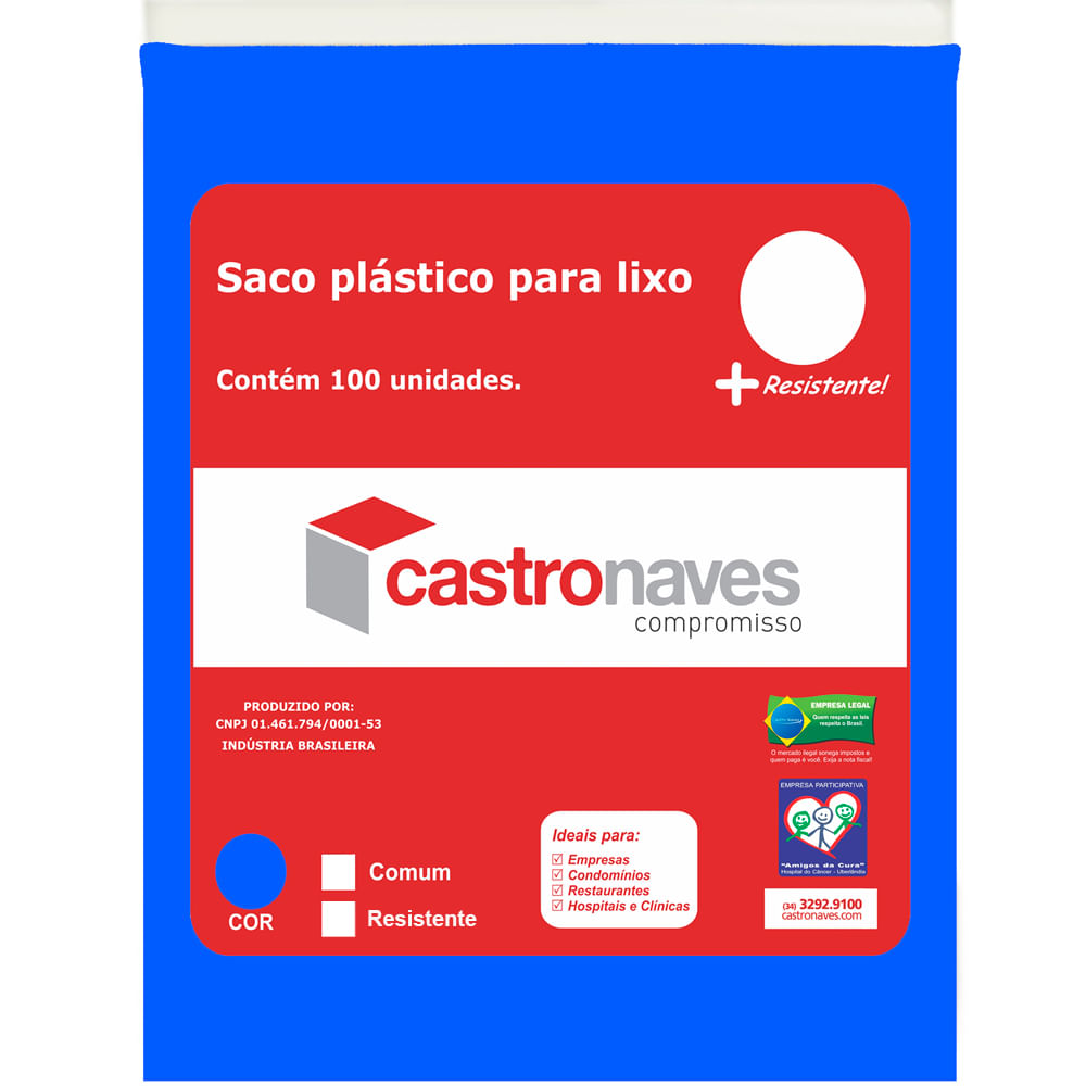 Saco para Lixo 60 Litros na Cor Azul - Pacote com 100 Unidades