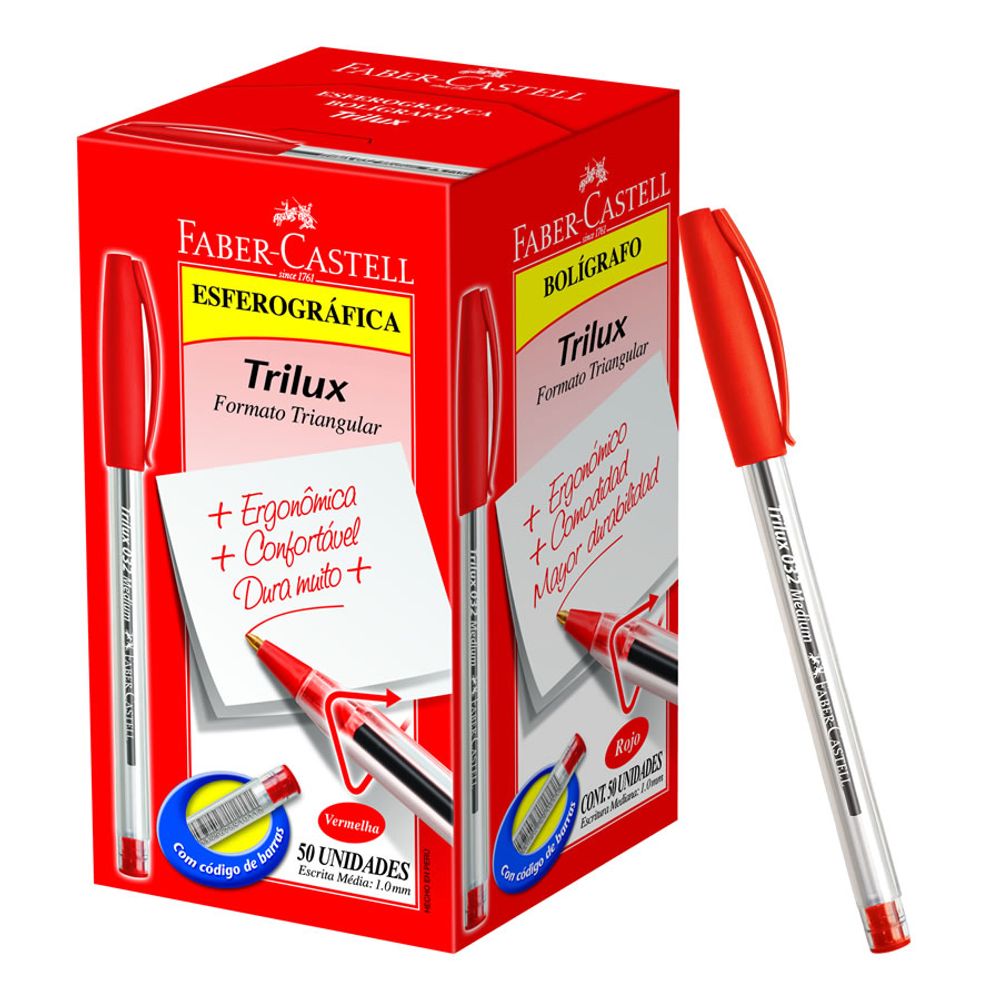 Caneta Esferográfica Ponta Média 1.0mm Cor Vermelha Trilux Cx/50 - Faber- Castell - Castro Naves