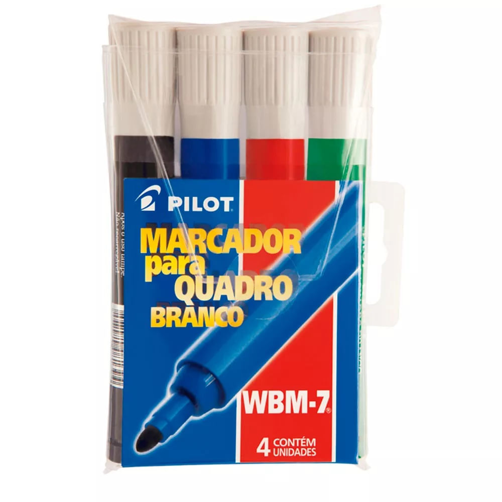 Pincel Marcador para Quadro Branco WBM-7 Conjunto com 4 cores: Verde, Vermelho, Azul e Preto Pilot - Castro Naves