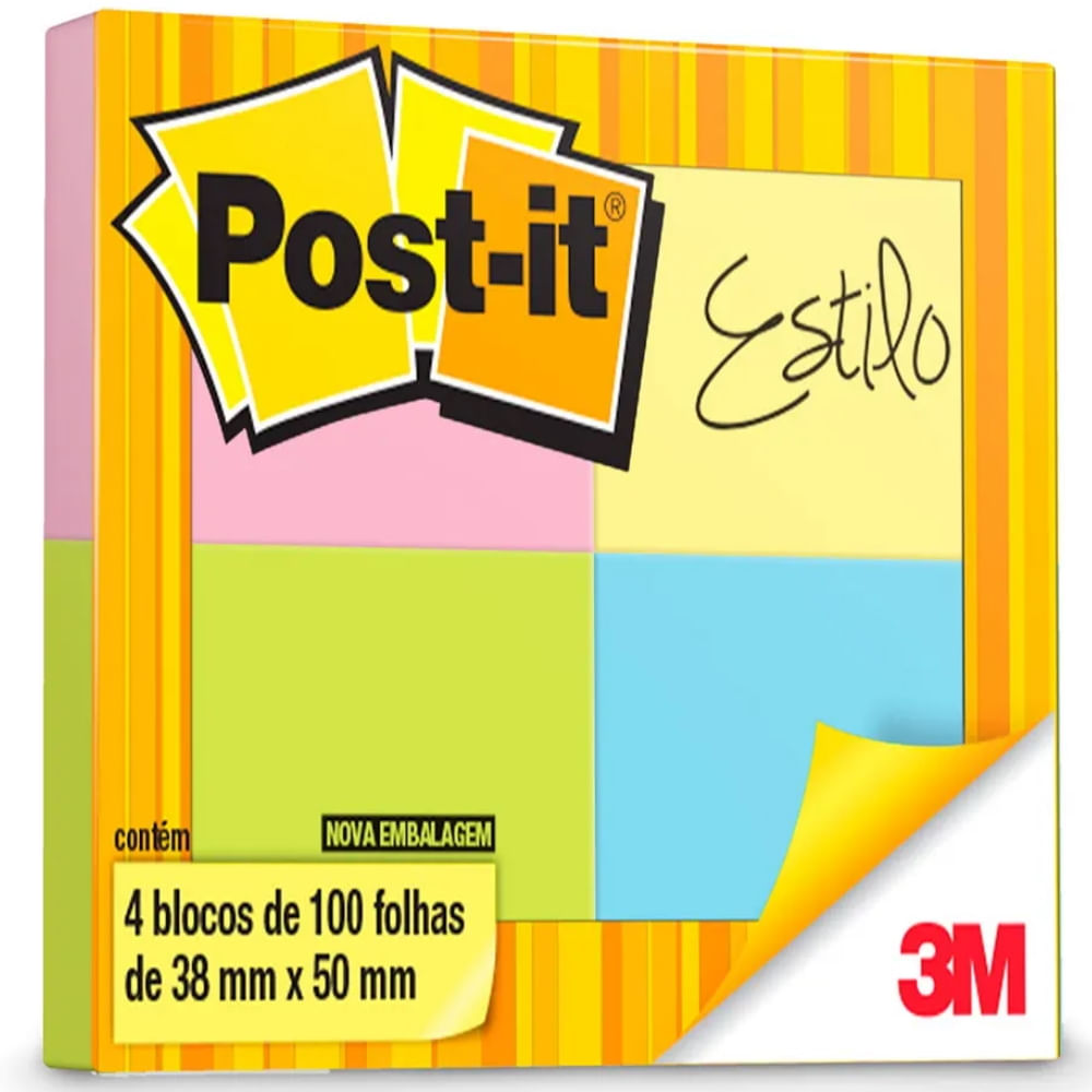 Bloco Adesivo 38x50mm Cores Sortidos 400 Folhas (4 X 100 Folhas) Post-it