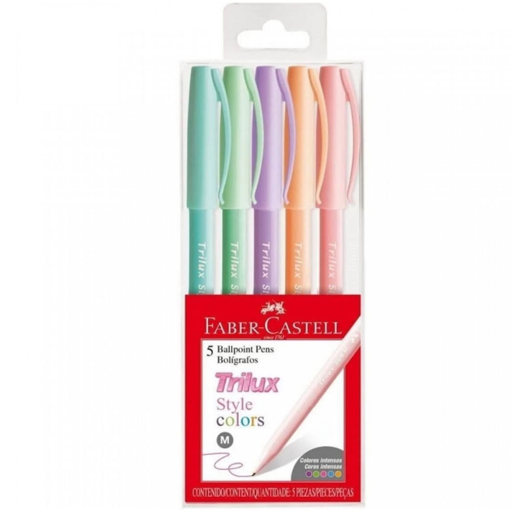 Caneta Esferográfica Ponta Média 1.0mm Style Colors Faber-Castell Estojo c/ 5 cores Pastel - Castro Naves