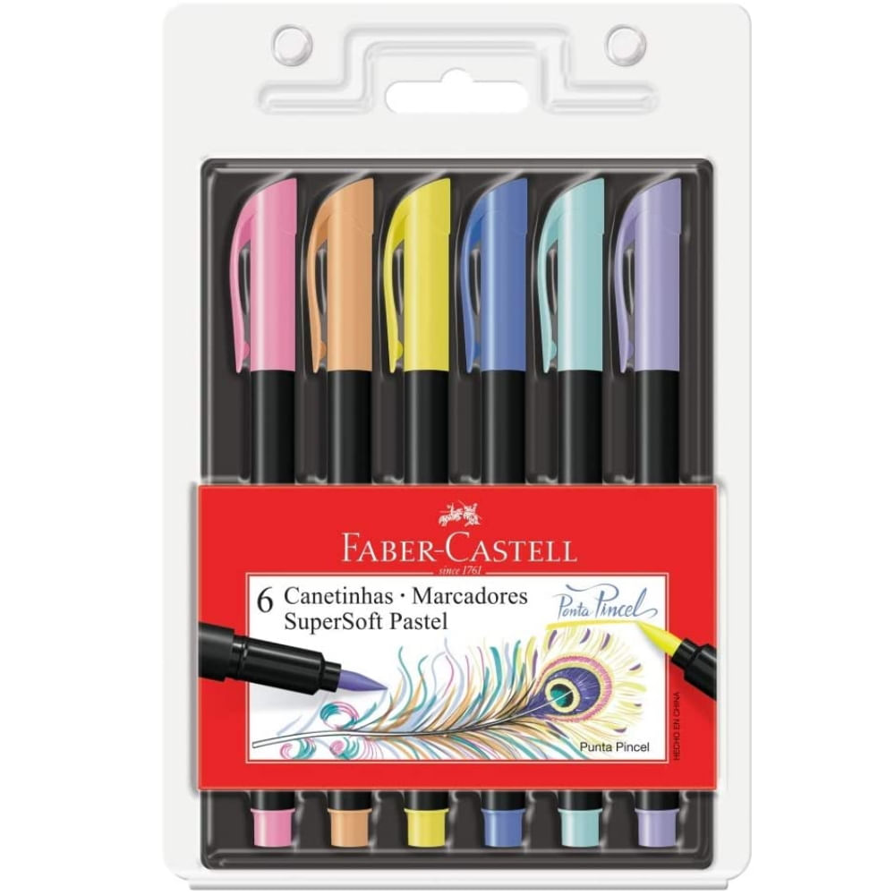Caneta Hidrográfica Ponta Pincel Brush Supersoft Pastel Estojo c/ 6 Cores Faber-Castell - Castro Naves