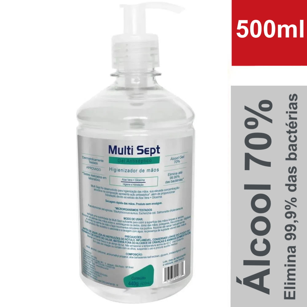 Álcool em Gel 70% 500ml Multisept Antisséptico Higienizante para as Mãos  Frasco c/Válvula Pump
