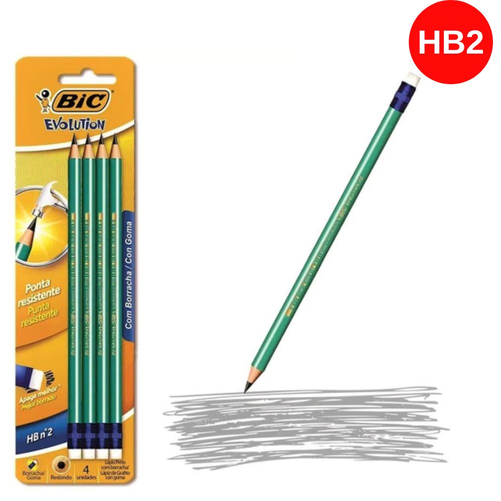 Lápis Preto BIC Evolution, Grafite Nº 2HB, Com Borracha, Corpo Verde Hexagonal BT/4