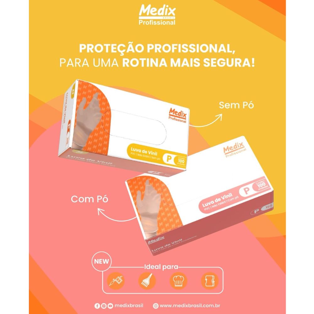 Luva de Vinil Descartável Com Pó Transparente Ambidestra M Cx/100. Para uso geral