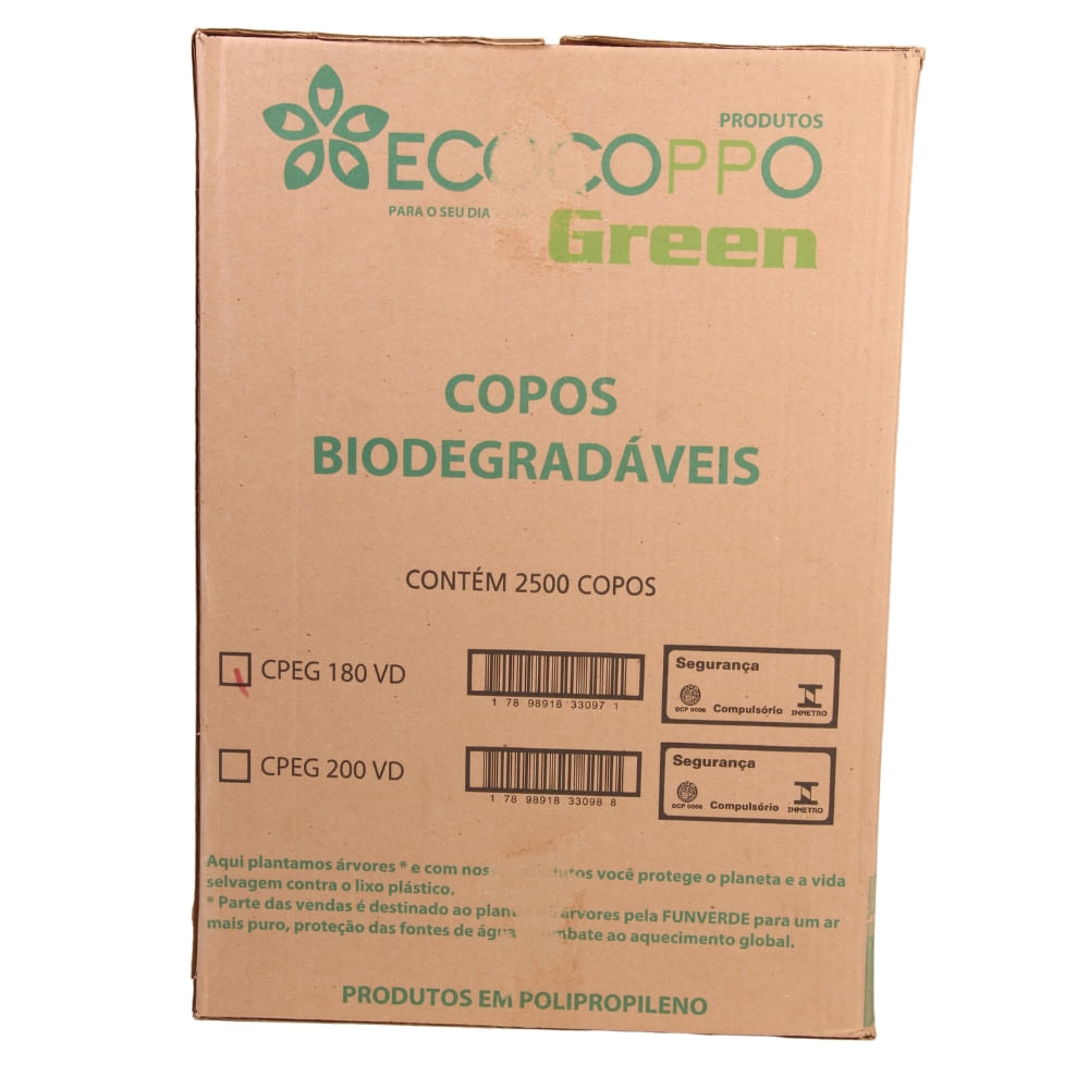 Copo Descartável em PP para Água 180ml Verde Green Ecocoppo Biodegradável Cx/ 2.500 copos